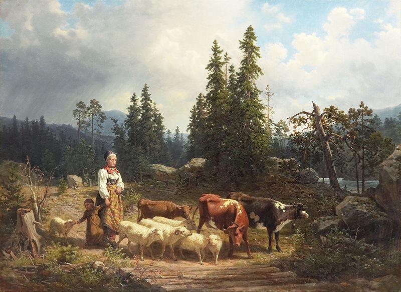 Nils Andersson Vallflicka med hjord i landskap